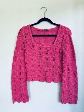 Holster Bright Pink Crochet Knit Scoop Neck Sweater